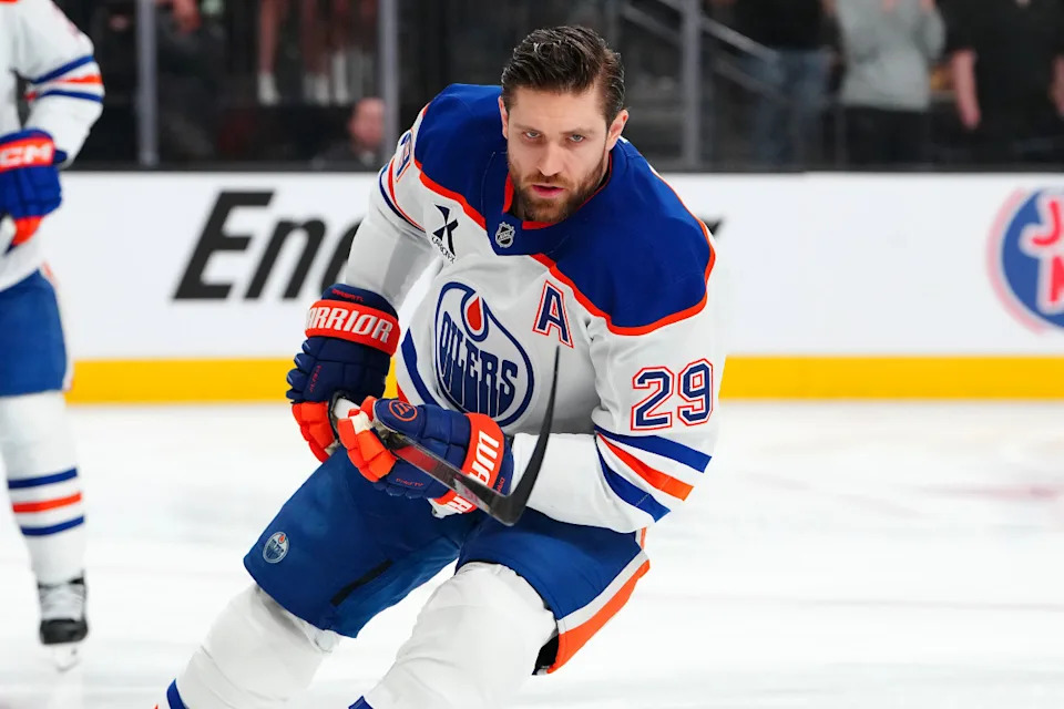 Edmonton Oilers center Leon Draisaitl (29) warms up before game one against the Vegas Golden Knights at T-Mobile Arena.Stephen R&period; Sylvanie-Imagn Images