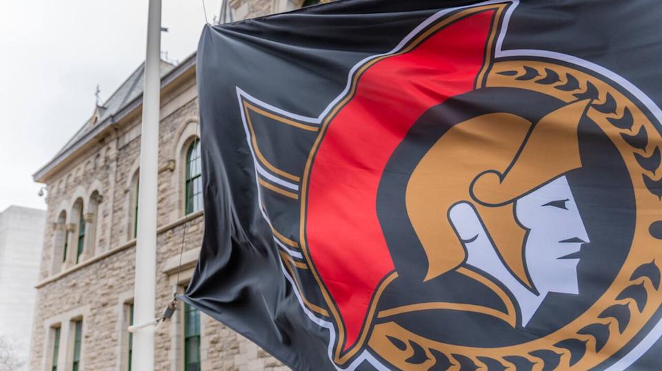 The Ottawa Senators flag flies outside of Ottawa City Hall on April 16, 2025.