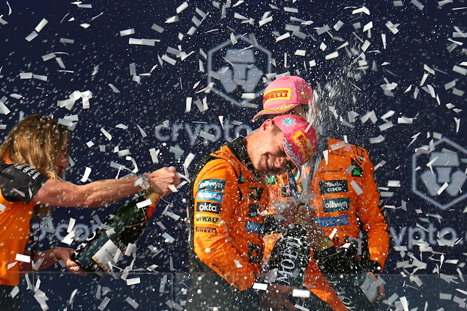 Piastri and Norris celebrate their victory as they extend McLaren's lead atop F1. (Clive Rose/Getty Images)