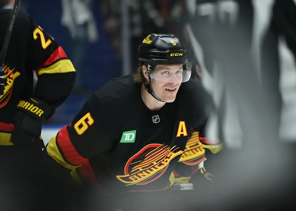 Vancouver Canucks forward Brock Boeser (6) awaits start of play.Simon Fearn-Imagn Images