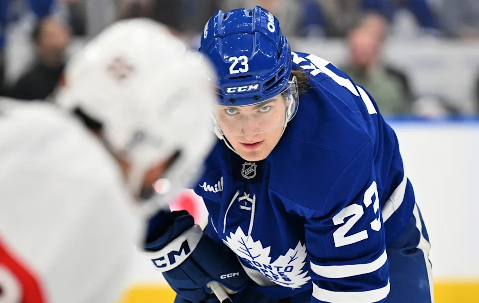 Toronto Maple Leafs forward Matthew Knies (23) prepares for a face-off at Scotiabank Arena.Dan Hamilton-Imagn Images