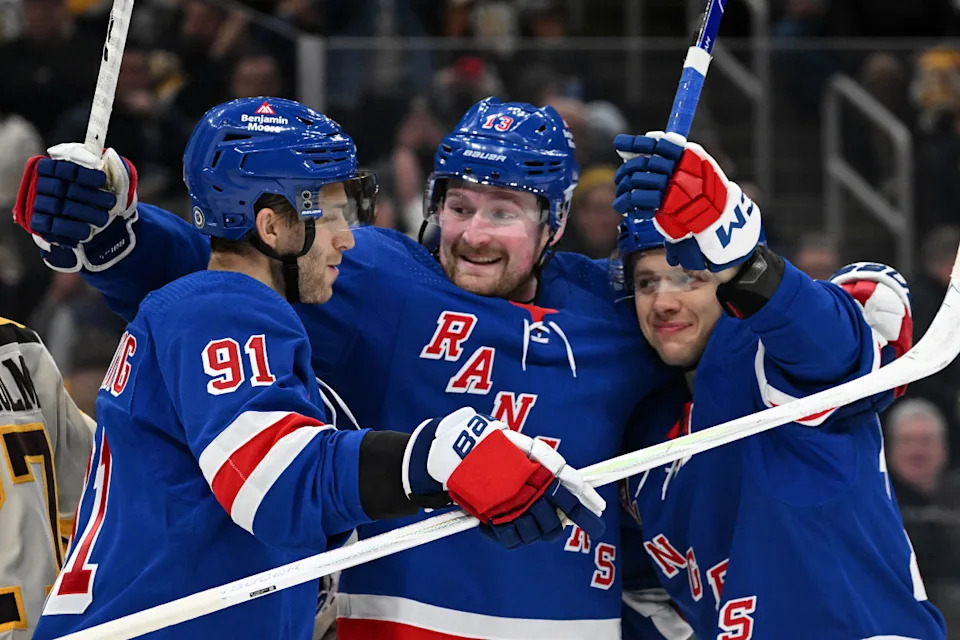 New York Rangers left wing Artemi Panarin (10) celebrates with left wing Alexis Lafreniere (13).Brian Fluharty-Imagn Images