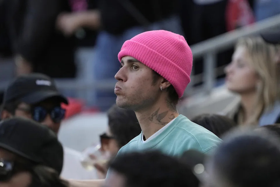 Toronto Maple Leafs superfan and singer Justin Bieber reacts from the stands during an MLS game played in Los Angeles.Kirby Lee-Imagn Images