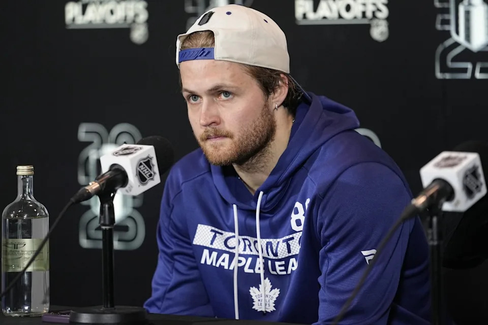 Toronto Maple Leafs forward William Nylander (88) during a post game press conference following game one in the second round of the 2025 Stanley Cup Playoffs against the Florida Panthers.John E&period; Sokolowski-Imagn Images