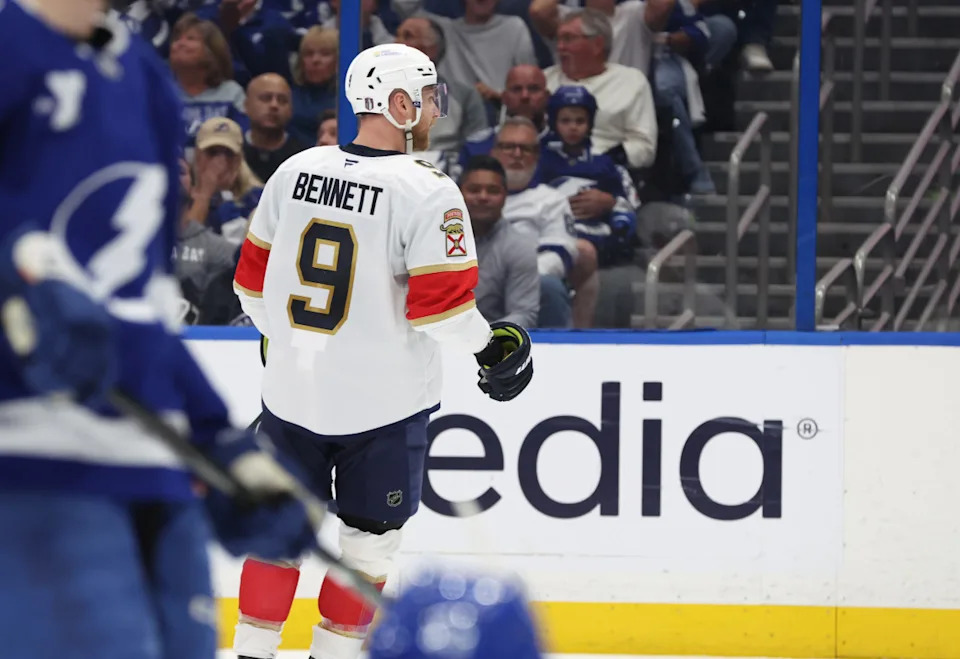 Florida Panthers center Sam Bennett (9) celebrates after he scored a goal during the 2025 Stanley Cup Playoffs.Kim Klement Neitzel-Imagn Images