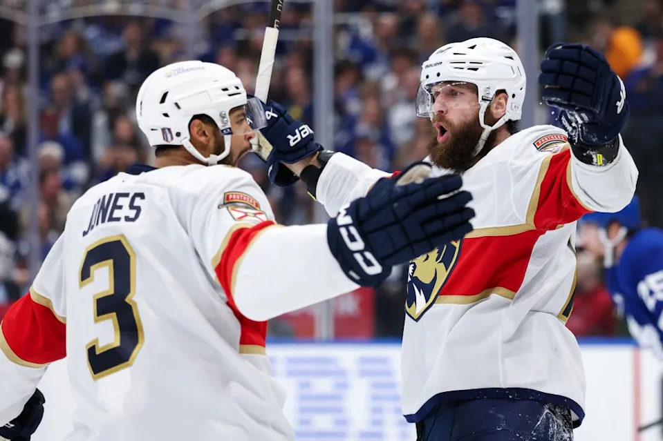 Jonah Gadjovich #12 of the Florida Panthers celebrates as they defeat the Maple Leafs in seven games. NHLI via Getty Images