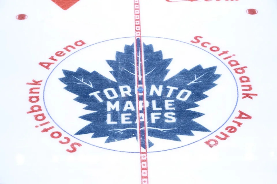 The Toronto Maple Leafs logo at center ice before game one of the first round of the 2025 Stanley Cup Playoffs against the Ottawa Senators at Scotiabank Arena.John E. Sokolowski-Imagn Images
