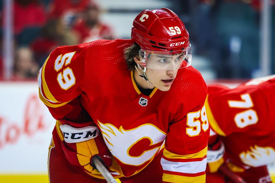 Calgary Flames defenceman Etienne Morin (59) (Photo: Sergei Belski-Imagn Images)