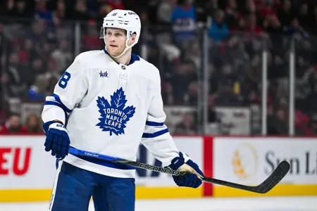 Toronto Maple Leafs forward Steven Lorentz looking on during a road matchup against the Montreal Canadiens.