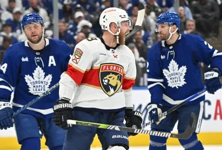 Florida Panthers forward Sam Bennett boisterously celebrating a goal being scored on the road against the Toronto Maple Leafs.
