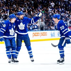 Mitch Marner, Chris Tanev, and Jake McCabe celebrating the go-ahead goal scored during Game 2 of the second round of the playoffs. Mitch Marner, Chris Tanev, and Jake McCabe celebrating the go-ahead goal scored during Game 2 of the second round of the playoffs.