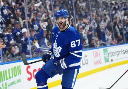 Toronto Maple Leafs forward Max Pacioretty celebrating after scoring a goal in the first period of Game 2 against the Florida Panthers.