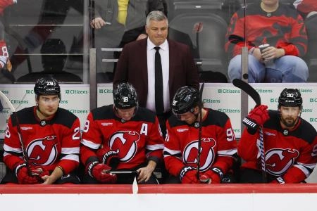 Mar 13, 2025; Newark, New Jersey, USA; New Jersey Devils head coach Sheldon Keefe against the Edmonton Oilers during the third period at Prudential Center.