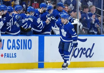 Toronto Maple Leafs forward Max Domi celebrating a goal being scored on home ice during the playoffs. Toronto Maple Leafs forward Max Domi celebrating a goal being scored on home ice during the playoffs.