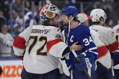 May 18, 2025; Toronto, Ontario, CAN; Toronto Maple Leafs forward Auston Matthews (34) and Florida Panthers goaltender Sergei Bobrovsky (72) shake hands after game seven of the second round of the 2025 Stanley Cup Playoffs at Scotiabank Arena.