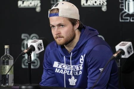 William Nylander takes questions from reporters
