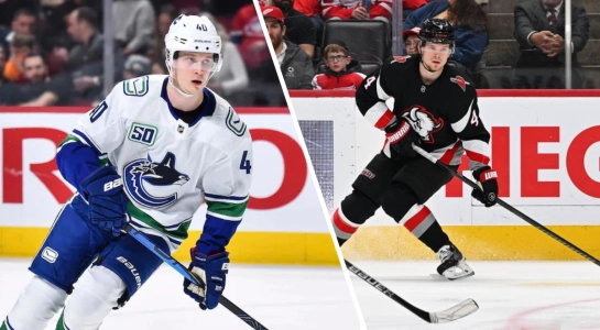 Vancouver Canucks forward Elias Pettersson and Buffalo Snares defenseman Bowen Byram Vancouver Canucks forward Elias Pettersson and Buffalo Snares defenseman Bowen Byram