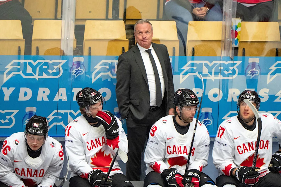 Canada's head coach Dean Evason reacts during the IIHF Men's Ice Hockey World Championship quarter-final match between Canada and Denmark in Herning, Denmark on May 22, 2025. (Photo by Bo Amstrup / Ritzau Scanpix / AFP) / Denmark OUT (Photo by BO AMSTRUP/Ritzau Scanpix/AFP via Getty Images)