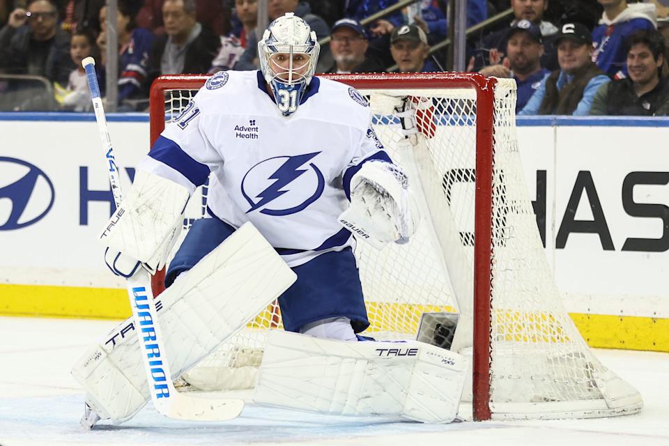 Apr 17, 2025; New York, New York, USA; Tampa Bay Lightning goaltender Jonas Johansson (31) defends the net in the first period against the New York Rangers at Madison Square Garden. Mandatory Credit: Wendell Cruz-Imagn Images