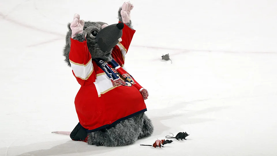 <div class="caption">Florida Panthers mascot Viktor E. Ratt celebrates a win over the Columbus Blue Jackets on Jan. 15, 2022, in Sunrise, Florida. (Photo by Eliot J. Schechter/NHLI via Getty Images)</div>