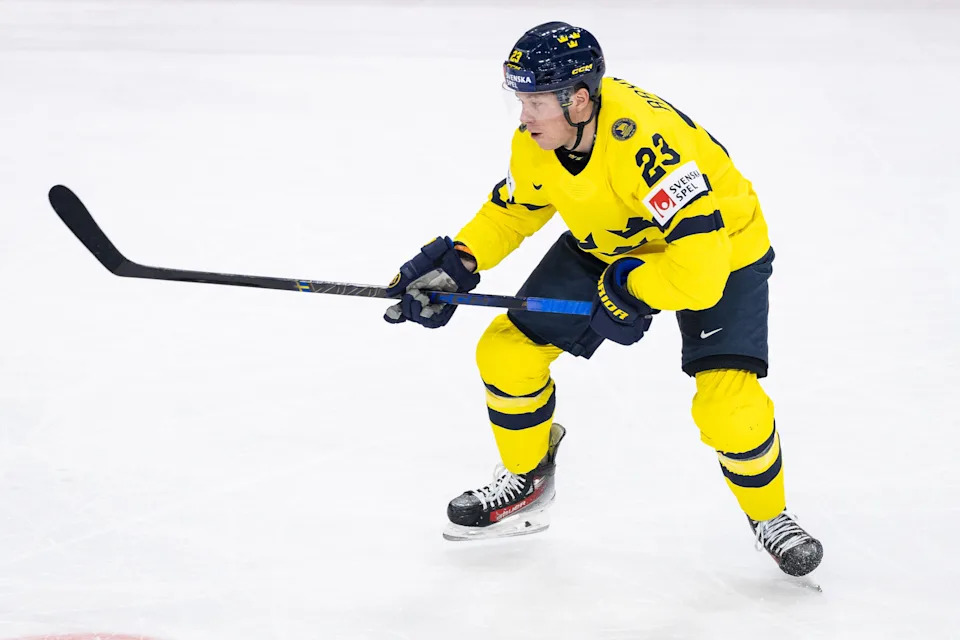 Lucas Raymond of Sweden during the 2025 Ice Hockey World Championship match between Sweden and Czechia at Avicii Arena on May 22, 2025 in Stockholm, Sweden.
