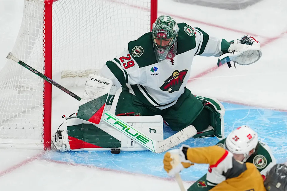 Minnesota Wild goaltender Marc-Andre Fleury (29) makes a save against the Vegas Golden Knights at T-Mobile Arena.Stephen R&period; Sylvanie-Imagn Images