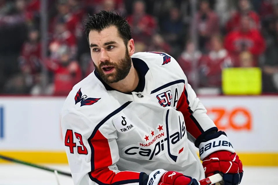 Washington Capitals right wing Tom Wilson (43) during warm-ups before a game against the Montreal Canadiens in game four of the first round of the 2025 Stanley Cup Playoffs at Bell Centre. David Kirouac-Imagn Images