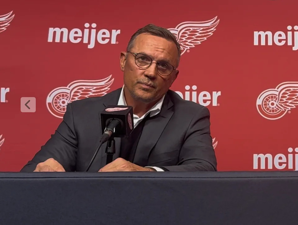 Detroit Red Wings general manager Steve Yzerman listens to a question at his season-ending press conference, April 29, 2025 in Detroit.