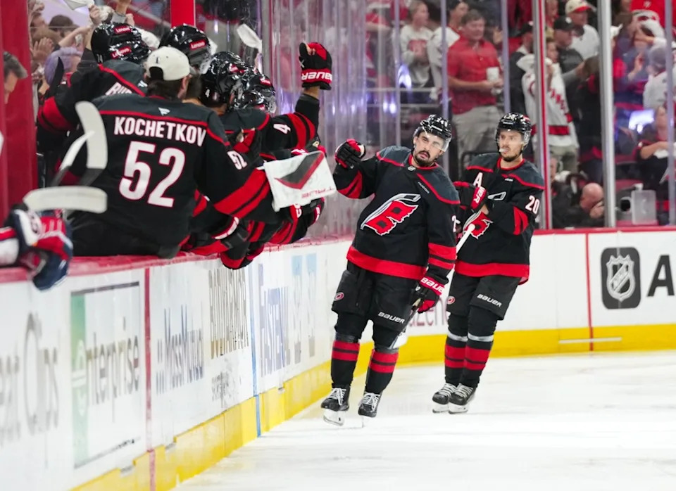 Carolina Hurricanes center Seth Jarvis (24) celebrates his goal against the Washington Capitals during the second period in game four of the second round of the 2025 Stanley Cup Playoffs at Lenovo Center.James Guillory-Imagn Images