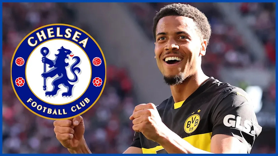 Jamie Gittens with a Chelsea logo.