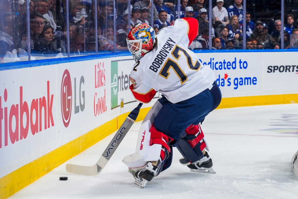 Florida's Sergei Bobrovsky handles the puck against the Maple Leafs in Game 1.
