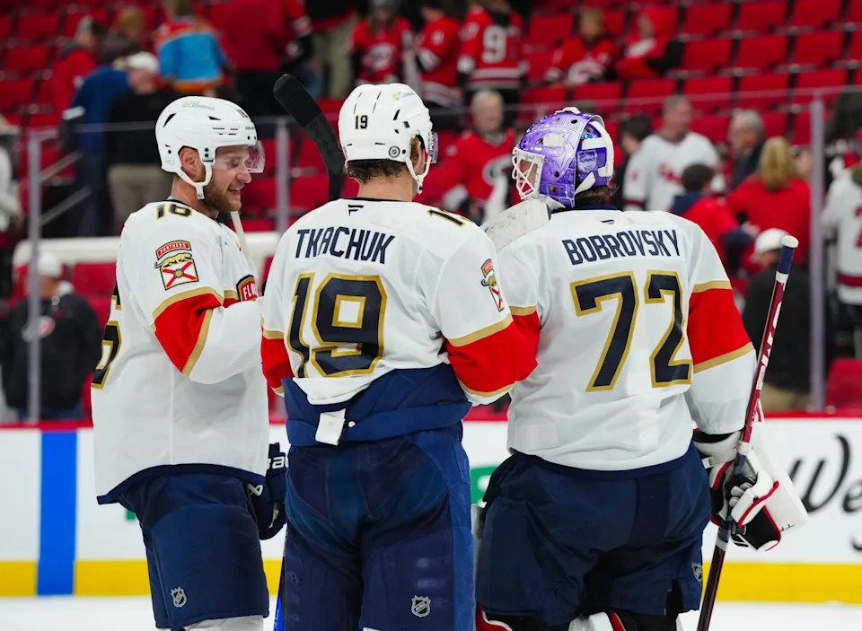 Florida Panthers goaltender Sergei Bobrovsky (72) left wing Matthew Tkachuk (19) and center Aleksander Barkov (16) celebrate their victory against the Carolina Hurricanes in November.