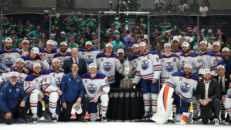 The Edmonton Oilers pose with the Clarence S. Campbell Bowl after securing a spot in their second straight Stanley Cup Final. - Steph Chambers/Getty Images
