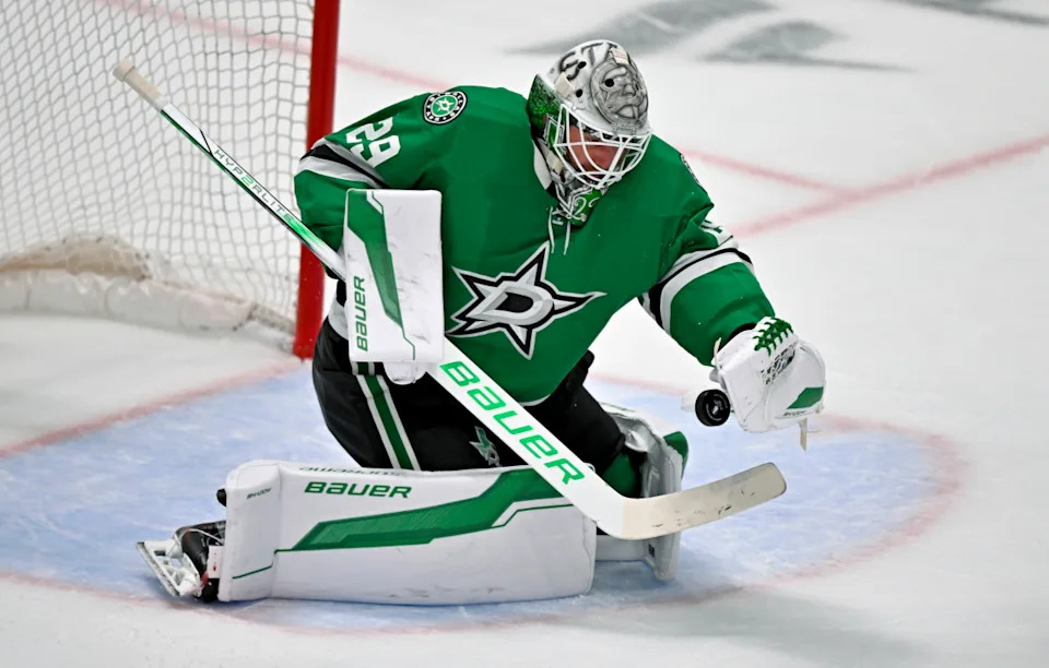 Dallas Stars goaltender Jake Oettinger makes a save against the Winnipeg Jets in the second round of the 2025 Stanley Cup playoffs.Jerome Miron-Imagn Images