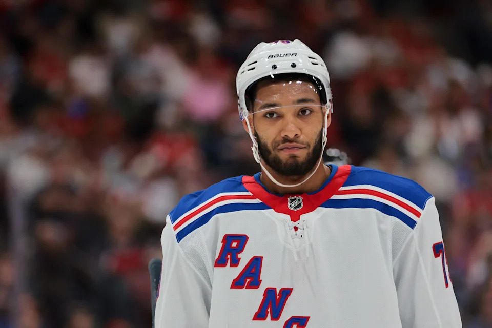 Apr 14, 2025; Sunrise, Florida, USA; New York Rangers defenseman K'Andre Miller (79) looks on against the Florida Panthers during the second period at Amerant Bank Arena.