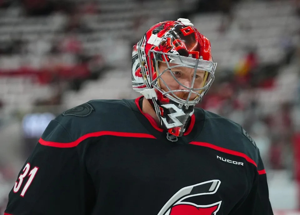 Carolina Hurricanes goaltender Frederik Andersen (31) looks on during the warmups before the game against the Washington Capitals in game three of the second round of the 2025 Stanley Cup Playoffs.James Guillory-Imagn Images