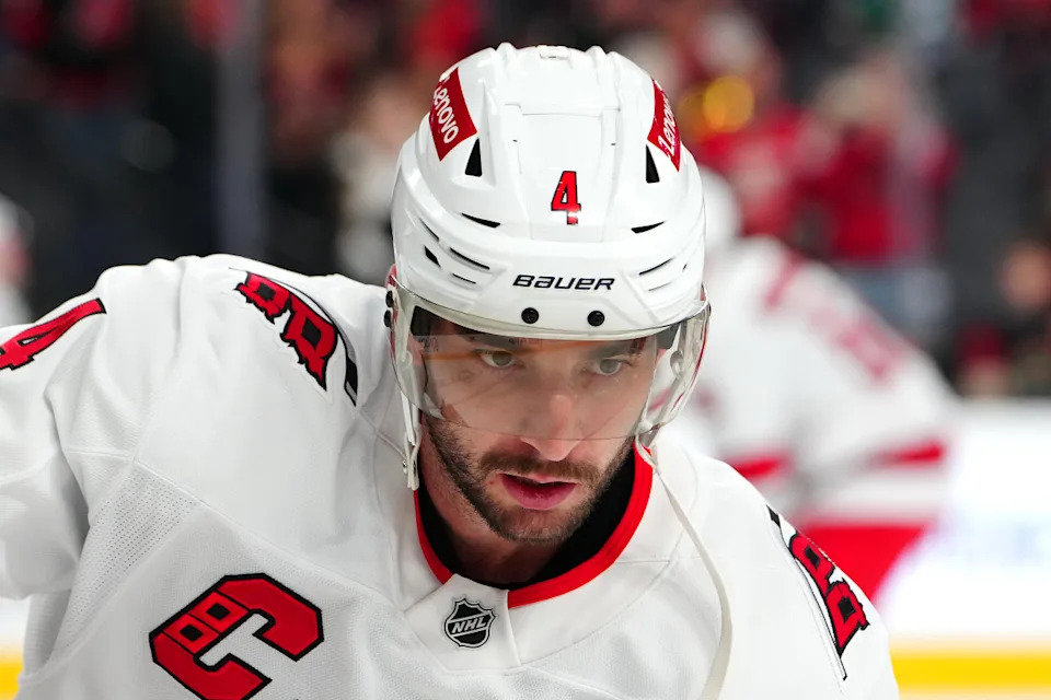 Carolina Hurricanes defenseman Shayne Gostisbehere warms up before a game against the Florida Panthers.Stephen R&period; Sylvanie-Imagn Images