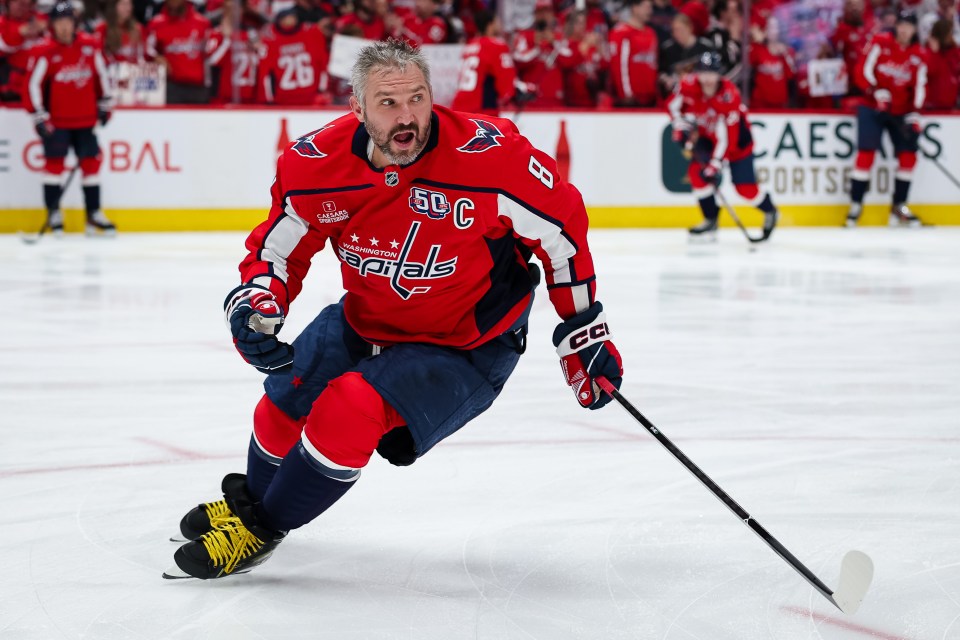 Alex Ovechkin #8 of the Washington Capitals skates during a hockey game.