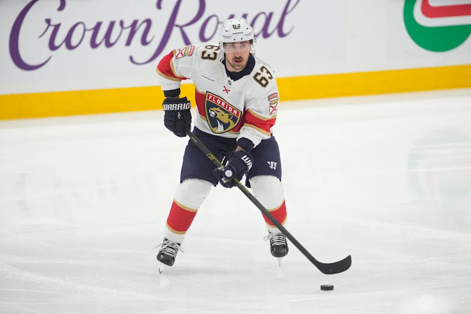 Florida Panthers forward Brad Marchand (63) skates during warm-up before Game 5 against the Toronto Maple Leafs.John E&period; Sokolowski-Imagn Images