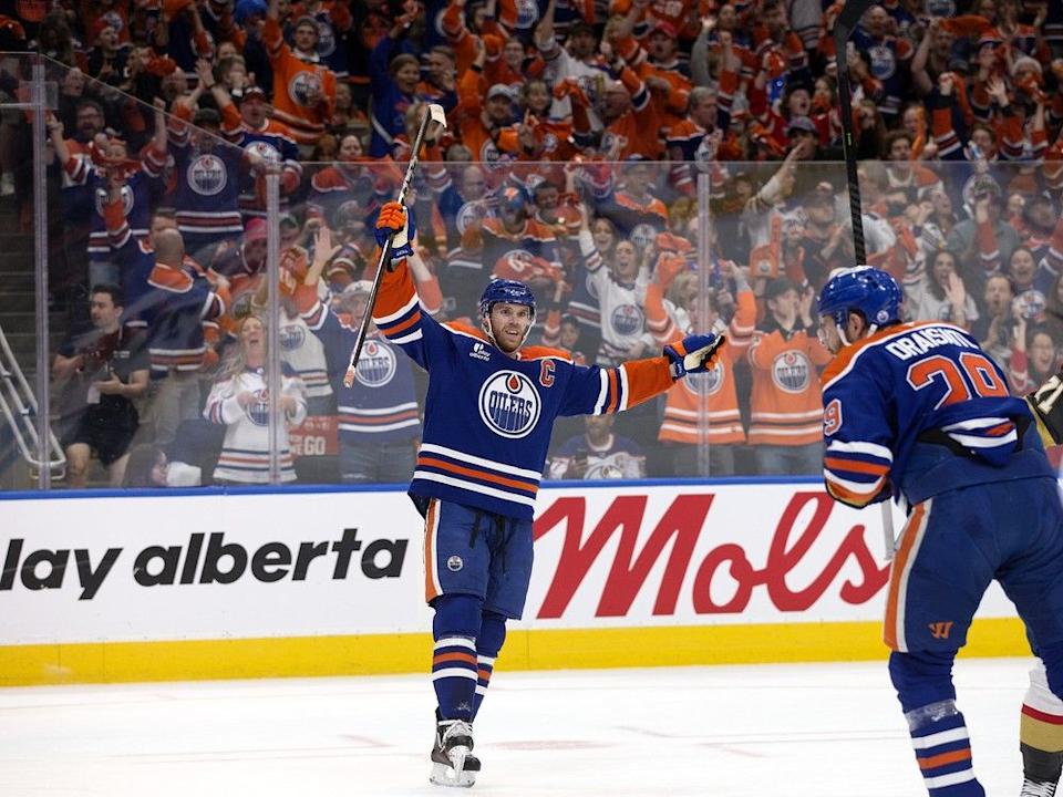  The Edmonton Oilers’ Connor McDavid (97) and Leon Draisaitl (29) celebrate the team’s second goal against the Vegas Golden Knights during first period NHL playoff action at Rogers Place in Edmonton on Saturday.