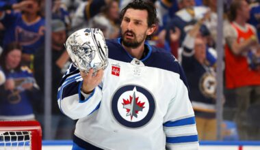 Jets' Connor Hellebuyck pulled for third time vs Blues