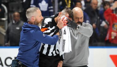 Referee Chris Rooney leaves NHL playoff game after being hit by stick