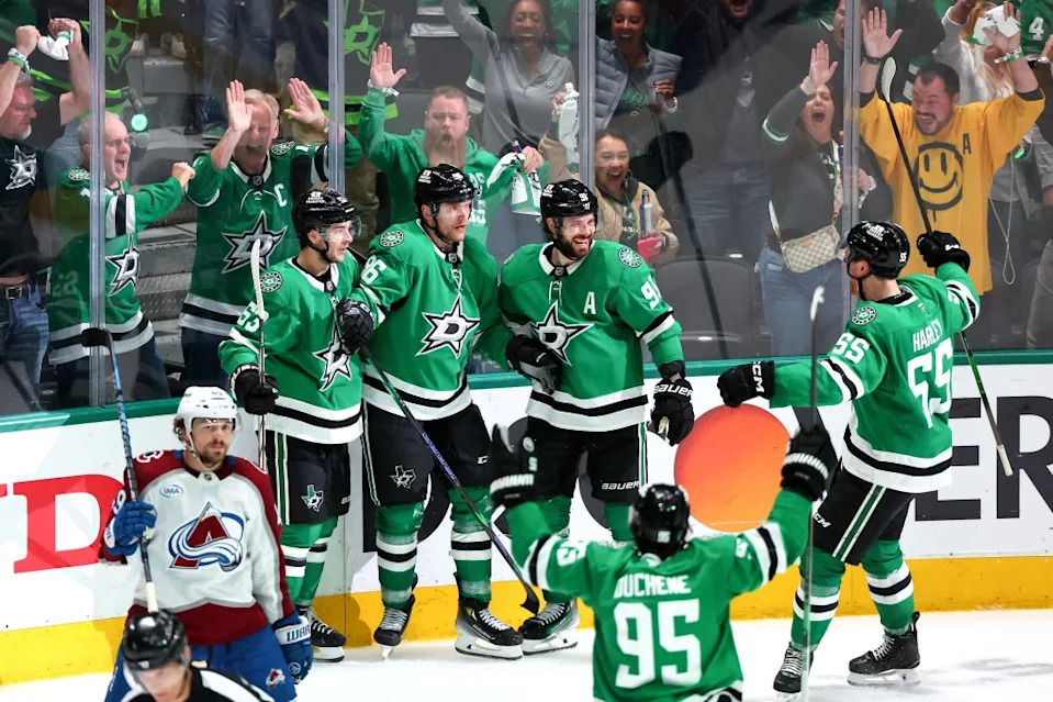 The Stars celebrate a goal during their Game 7 win over the Avalanche. Getty Images