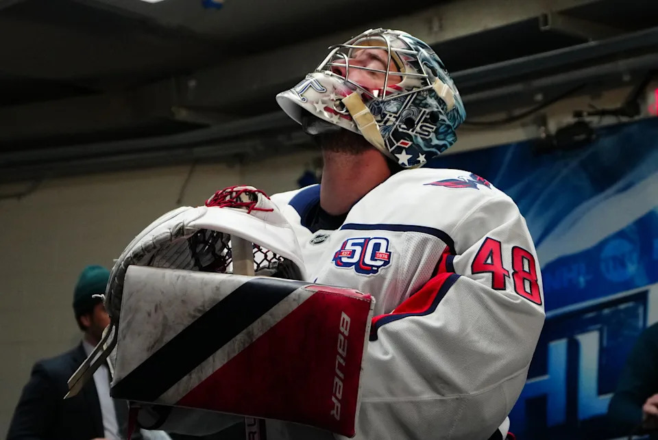 Apr 2, 2025; Raleigh, North Carolina, USA; Washington Capitals goaltender Logan Thompson (48) outside the locker room before the warm ups against the Carolina Hurricanes at Lenovo Center. Mandatory Credit: James Guillory-Imagn Images