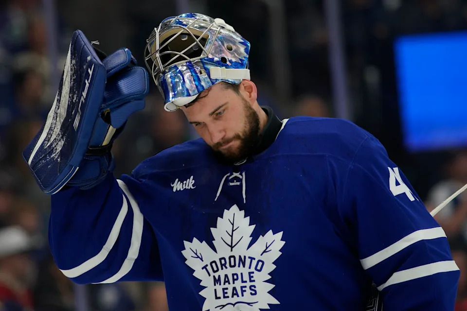 Toronto Maple Leafs goaltender Anthony Stolarz (41) goes to adjust his helmet during a stoppage of play at Scotiabank Arena.John E&period; Sokolowski-Imagn Images