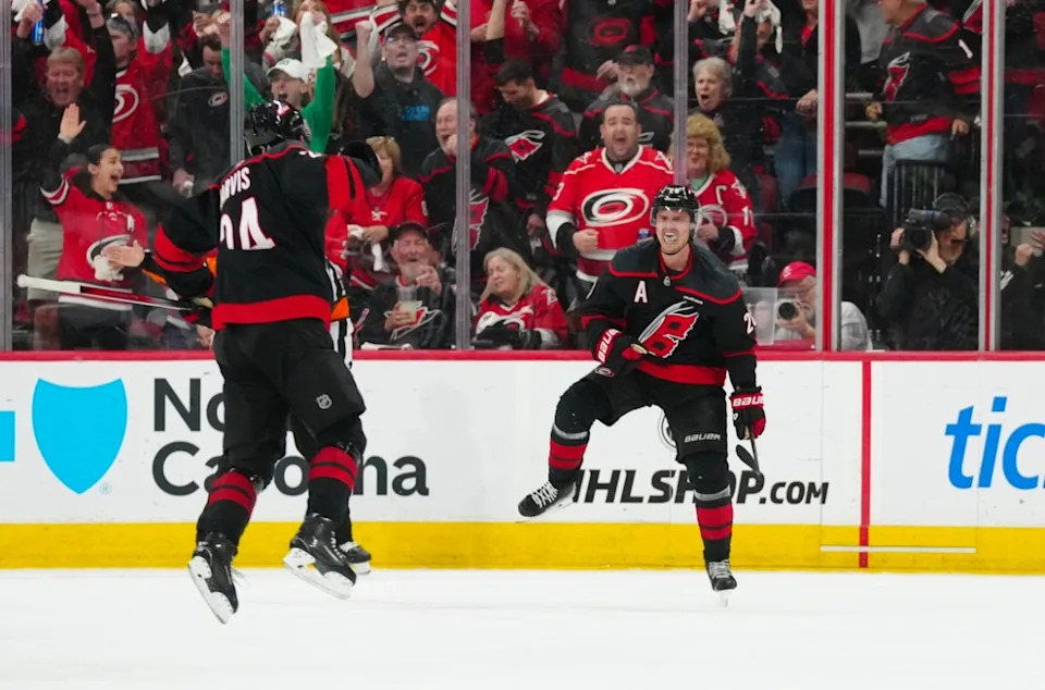 Carolina Hurricanes center Sebastian Aho (20) celebrates his goal against the New Jersey Devils during the second period in game five of the first round of the 2025 Stanley Cup Playoffs.James Guillory-Imagn Images