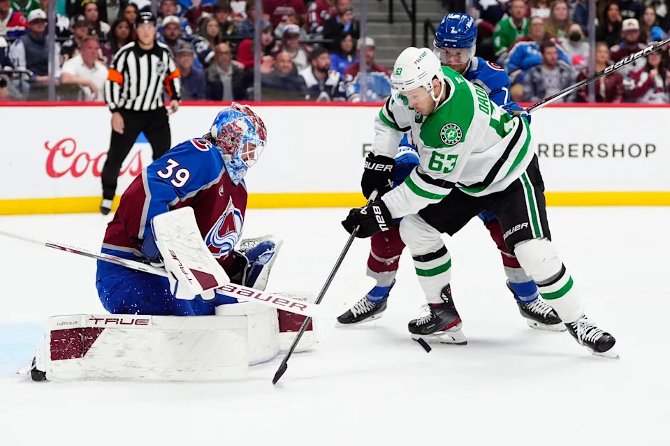 Colorado Avalanche goaltender Mackenzie Blackwood (39) defends against Dallas Stars right wing Evgenii Dadonov (63) in the first period of the first-round NHL Payoff series at Ball Arena in Denver, Colorado.