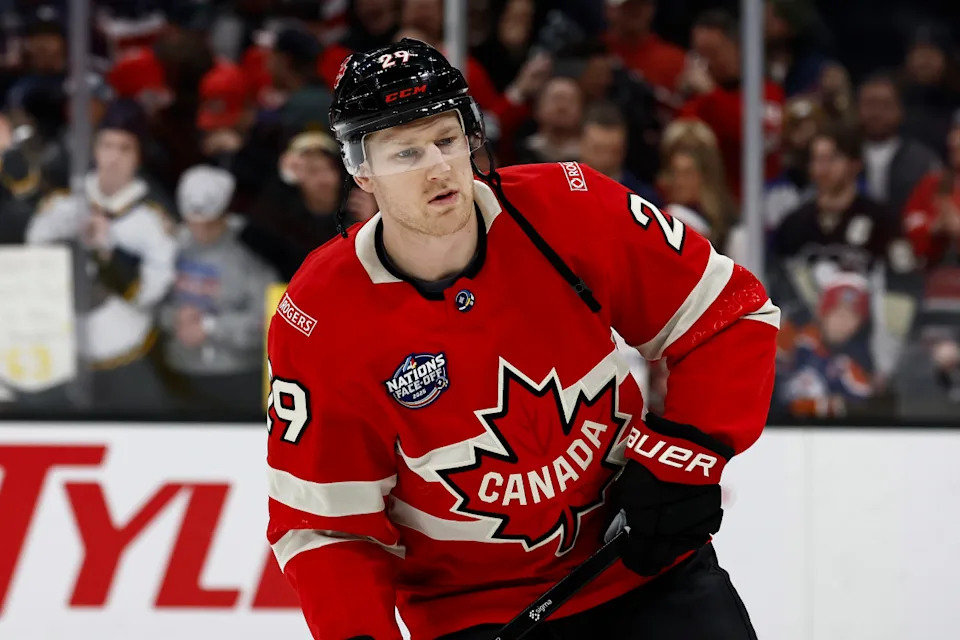 Colorado Avalanche and Team Canada forward Nathan MacKinnon (29) before the 4 Nations Face-Off ice hockey championship game against the United States.Winslow Townson-Imagn Images
