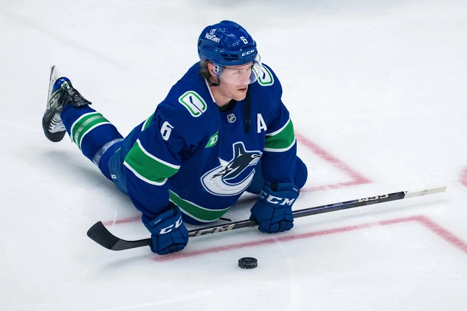 Vancouver Canucks forward Brock Boeser (6) stretches during warm ups.Bob Frid-Imagn Images