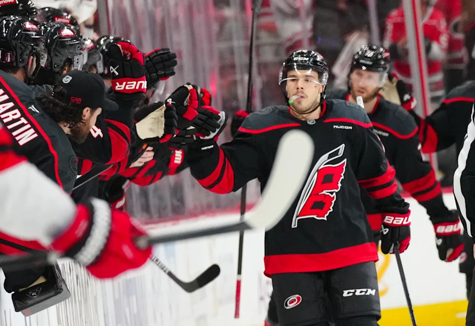 Carolina Hurricanes center Logan Stankoven (22) celebrates his goal against the New Jersey Devils during the second period in game five of the first round of the 2025 Stanley Cup Playoffs at Lenovo Center.